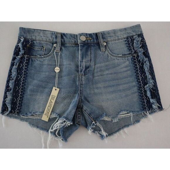 Blank NYC Women's Sz 26 Blue Denim Embroidered Distressed Hiker Cutoff Shorts - Picture 1 of 7